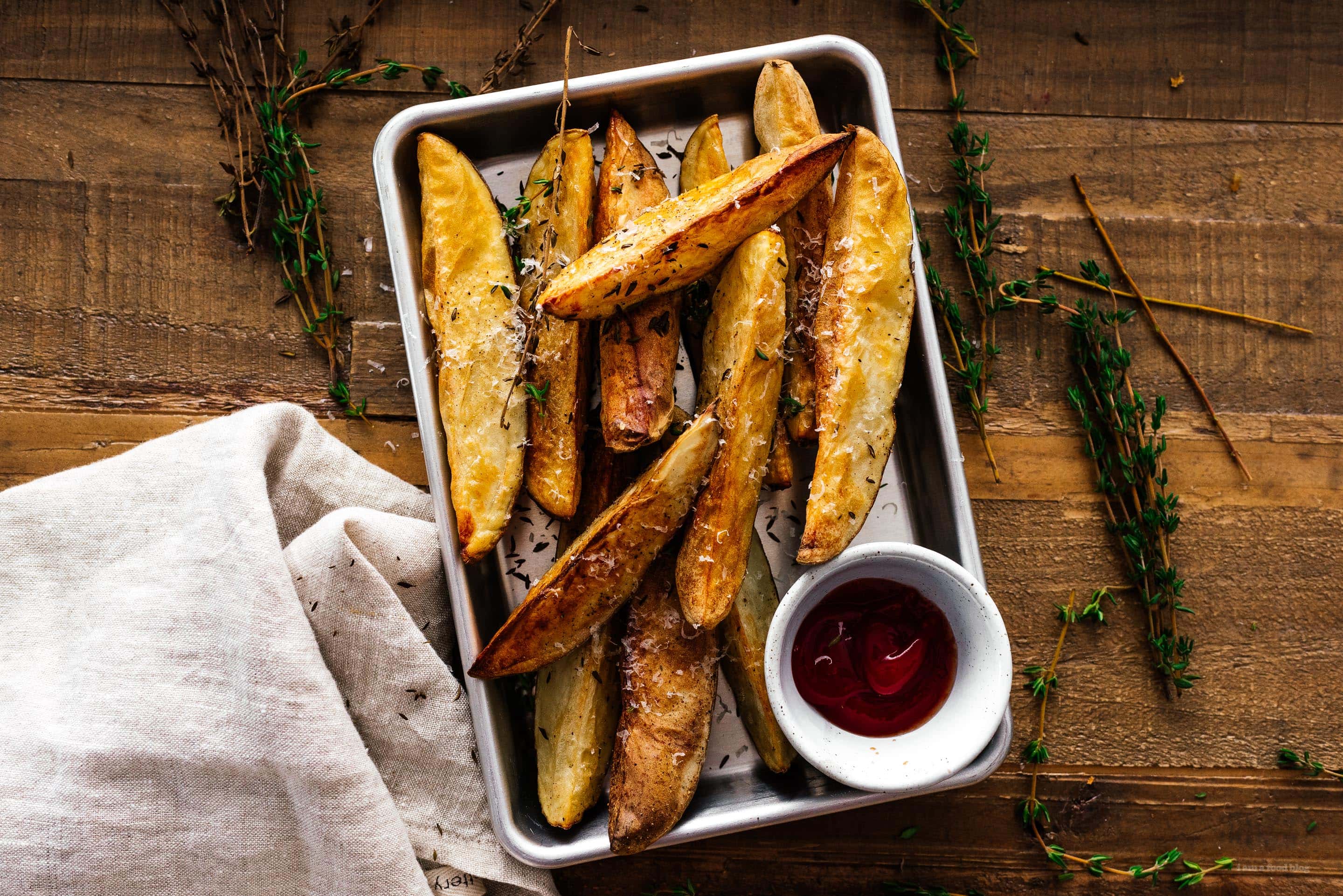 Crispy Air Fryer Parmesan and Thyme Roasted Wedge Fries | www.iamafoodblog.com